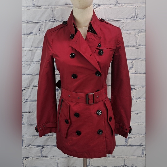 Burberry Women's Trench Coat Jacket Red Brookesby Short Length Size 2 US - Picture 2 of 16